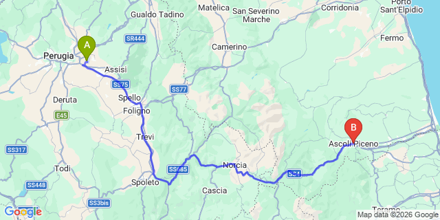 Map: Perugia Airport (PEG) to Ascoli Piceno