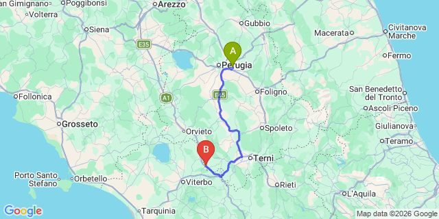 Map: Perugia Airport (PEG) to Attigliano