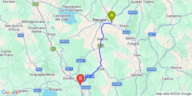Map: Perugia Airport (PEG) to Baschi
