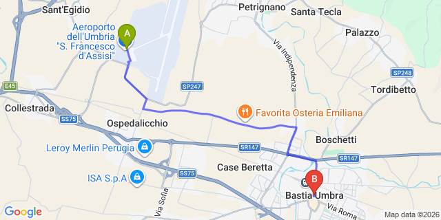 Map: Perugia Airport (PEG) to Bastia Umbra
