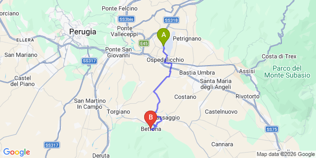 Map: Perugia Airport (PEG) to Bettona