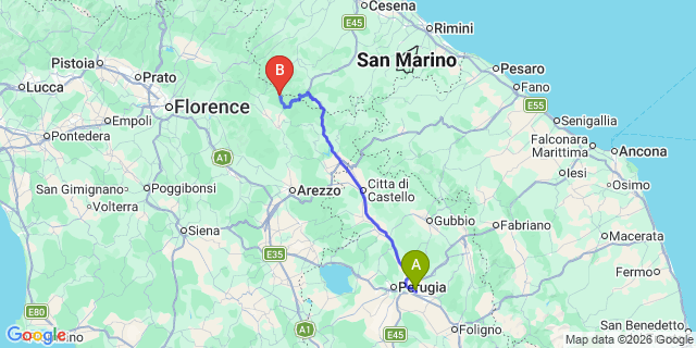 Map: Perugia Airport (PEG) to Bibbiena