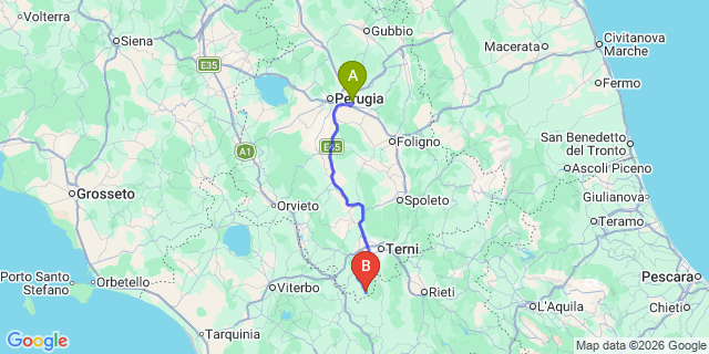 Map: Perugia Airport (PEG) to Calvi dell Umbria