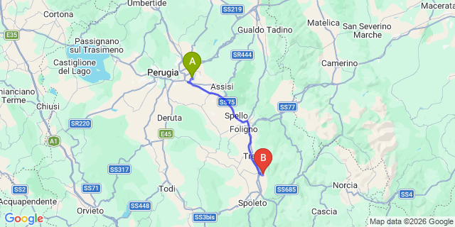 Map: Perugia Airport (PEG) to Campello sul Clitunno