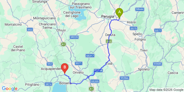 Map: Perugia Airport (PEG) to Castel Giorgio