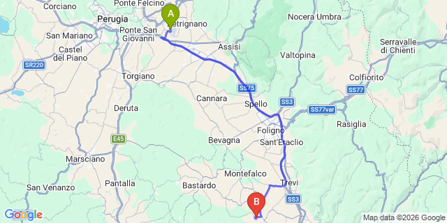 Map: Perugia Airport (PEG) to Castel Ritaldi