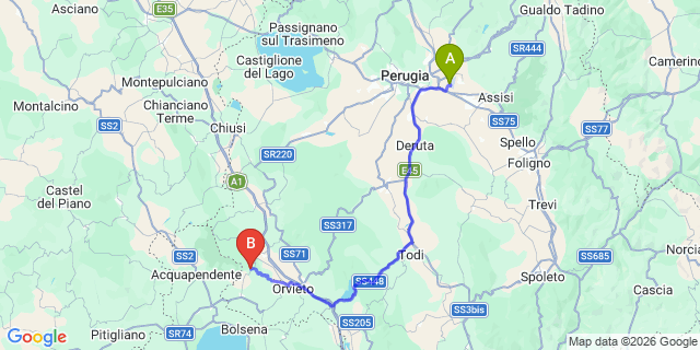 Map: Perugia Airport (PEG) to Castel Viscardo
