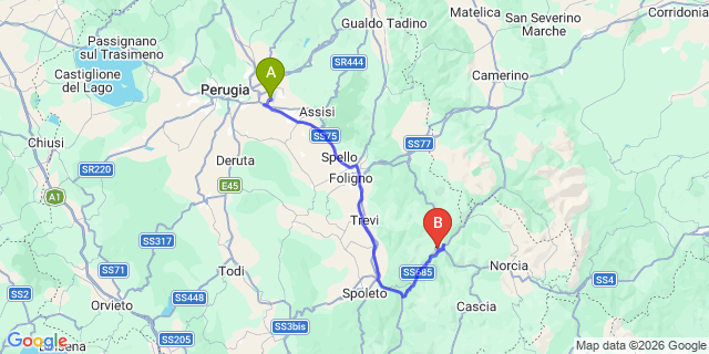 Map: Perugia Airport (PEG) to Cerreto di Spoleto