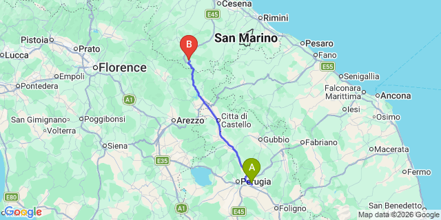 Map: Perugia Airport (PEG) to Citta della Pieve