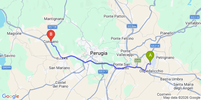 Map: Perugia Airport (PEG) to Corciano