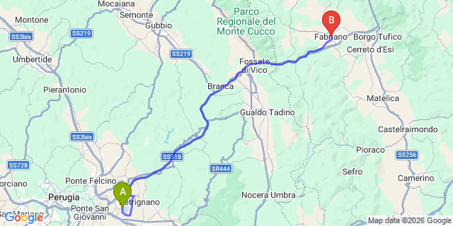 Map: Perugia Airport (PEG) to Fabriano
