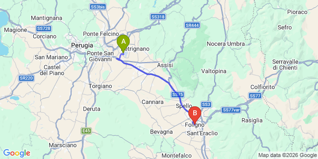 Map: Perugia Airport (PEG) to Foligno