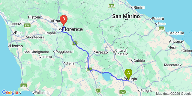 Map: Perugia Airport (PEG) to Greve in Chianti