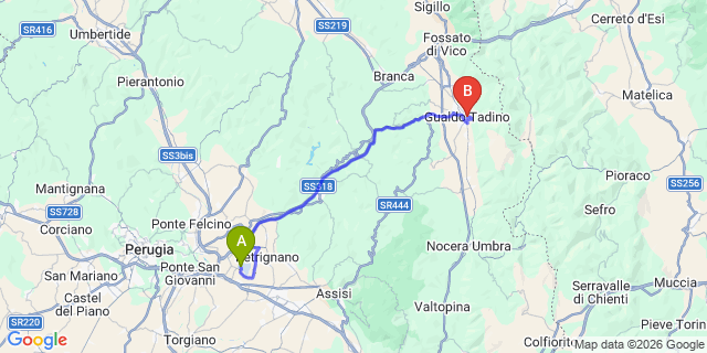 Map: Perugia Airport (PEG) to Gualdo Tadino