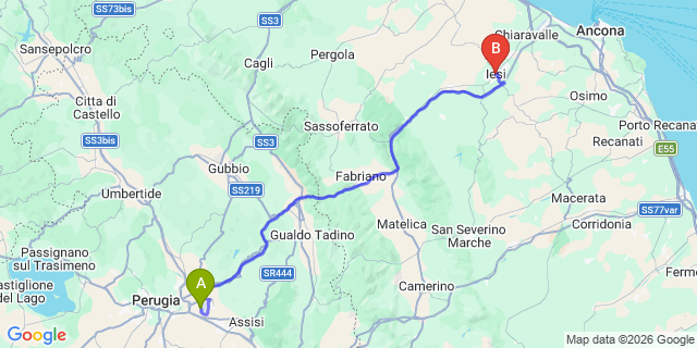 Map: Perugia Airport (PEG) to Jesi