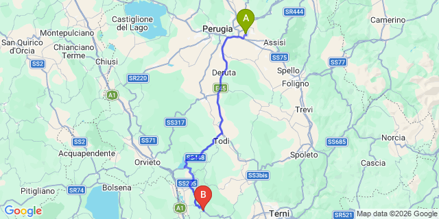 Map: Perugia Airport (PEG) to Lugnano in Teverina