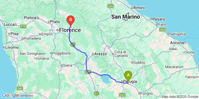 Map: Perugia Airport (PEG) to Montalcino