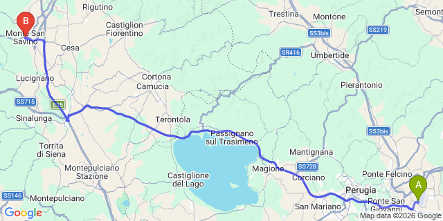 Map: Perugia Airport (PEG) to Monte San Savino