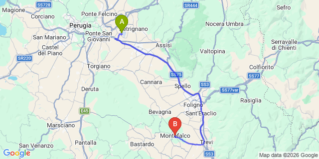 Map: Perugia Airport (PEG) to Montefalco