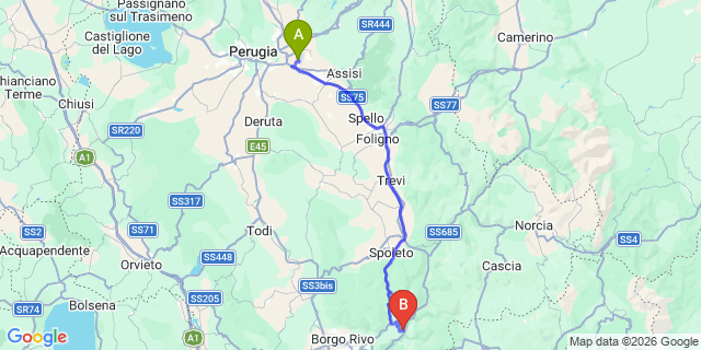 Map: Perugia Airport (PEG) to Montefranco