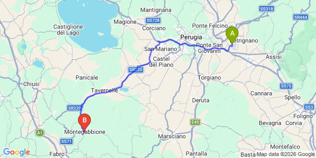Map: Perugia Airport (PEG) to Montegabbione