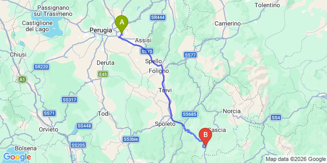 Map: Perugia Airport (PEG) to Monteleone di Spoleto