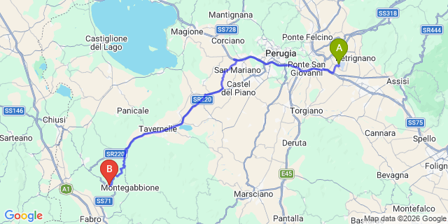 Map: Perugia Airport (PEG) to Monteleone dOrvieto