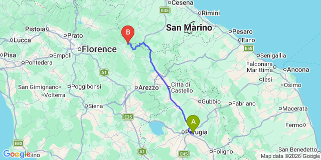 Map: Perugia Airport (PEG) to Montepulciano