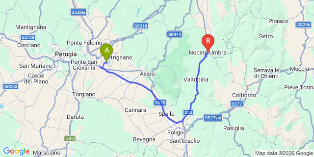 Map: Perugia Airport (PEG) to Nocera Umbra