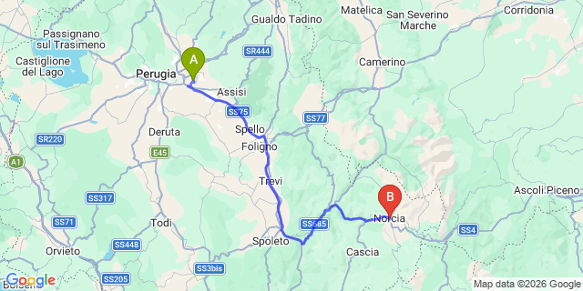 Map: Perugia Airport (PEG) to Norcia