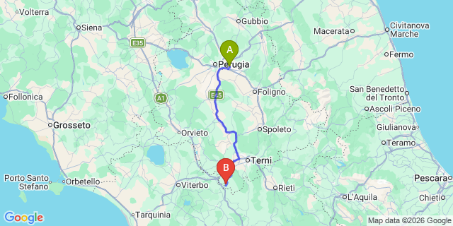 Map: Perugia Airport (PEG) to Otricoli