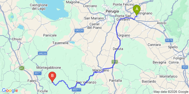 Map: Perugia Airport (PEG) to Parrano