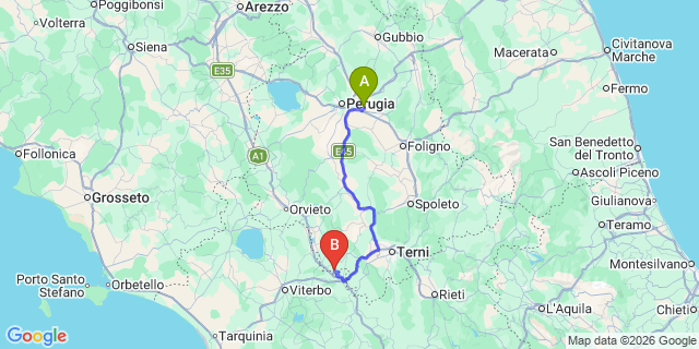 Map: Perugia Airport (PEG) to Penna in Teverina