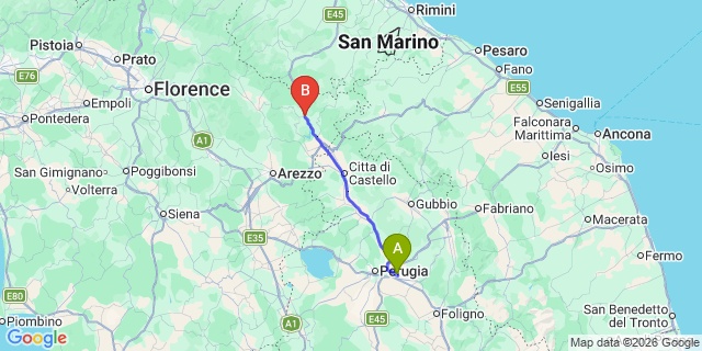 Map: Perugia Airport (PEG) to Pieve Santo Stefano