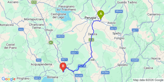 Map: Perugia Airport (PEG) to Porano