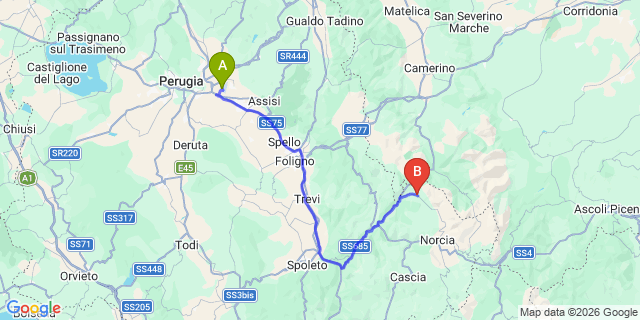 Map: Perugia Airport (PEG) to Preci