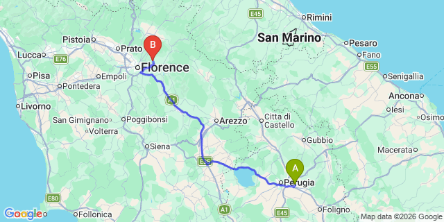 Map: Perugia Airport (PEG) to Radda in Chianti