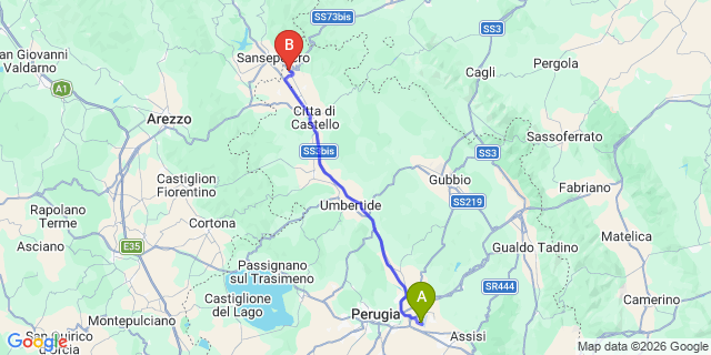 Map: Perugia Airport (PEG) to San Giustino