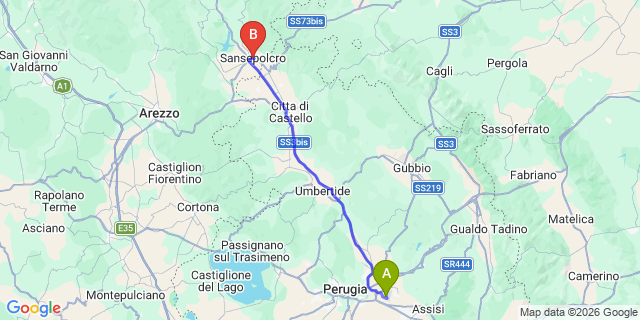 Map: Perugia Airport (PEG) to Sansepolcro