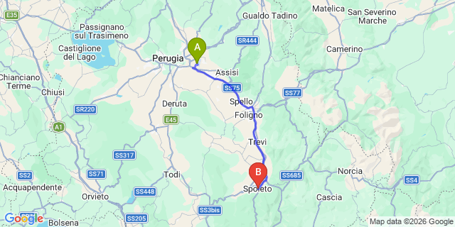 Map: Perugia Airport (PEG) to Spoleto