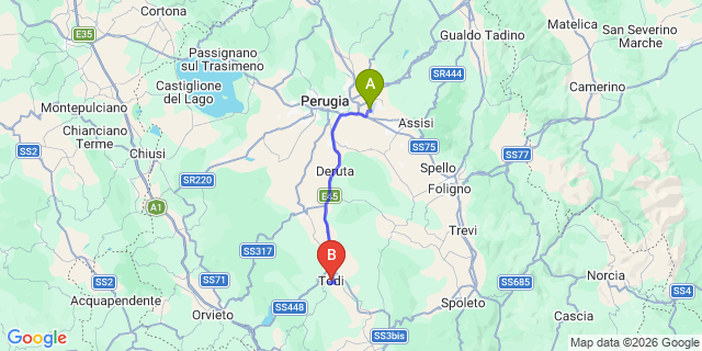 Map: Perugia Airport (PEG) to Todi
