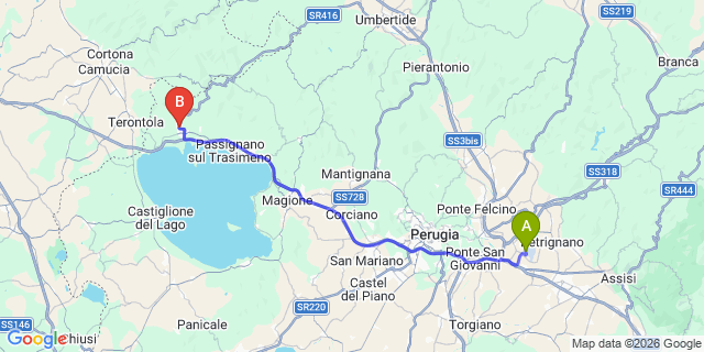 Map: Perugia Airport (PEG) to Tuoro sul Trasimeno