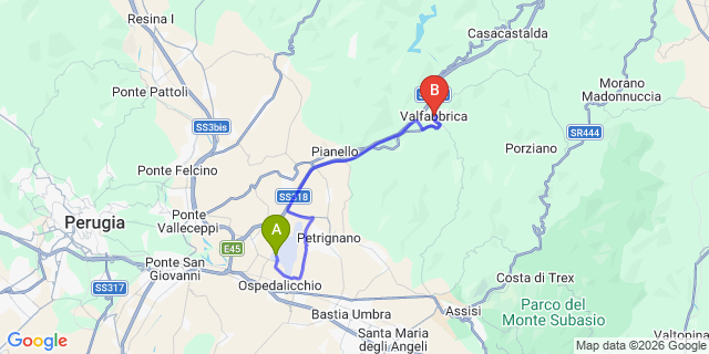Map: Perugia Airport (PEG) to Valfabbrica