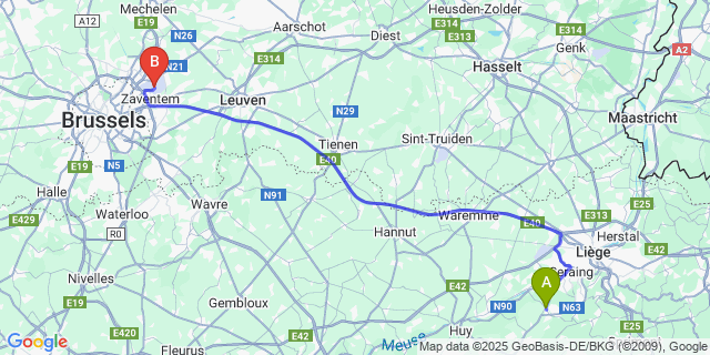 Map: Brussels Zaventem Airport (BRU) to Neuville-En-Condroz