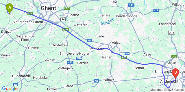 Map: Brussels Midi Train Station to Nevele