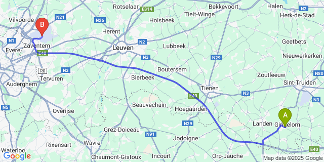 Map: Brussels Zaventem Airport (BRU) to Niel-Bij-Sint-Truiden