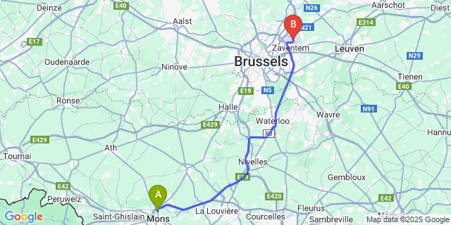 Map: Brussels Zaventem Airport (BRU) to Nimy