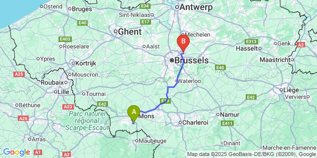 Map: Brussels Zaventem Airport (BRU) to Noirchain