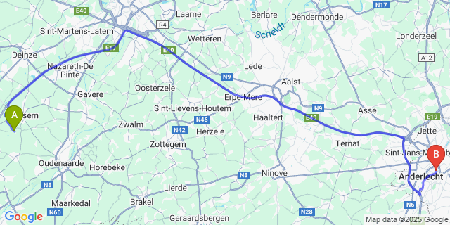 Map: Brussels Midi Train Station to Nokere