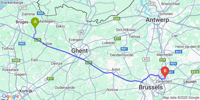 Map: Brussels Zaventem Airport (BRU) to Oedelem